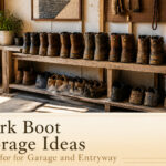 Different work boot storage ideas including shelves, racks, and trays.