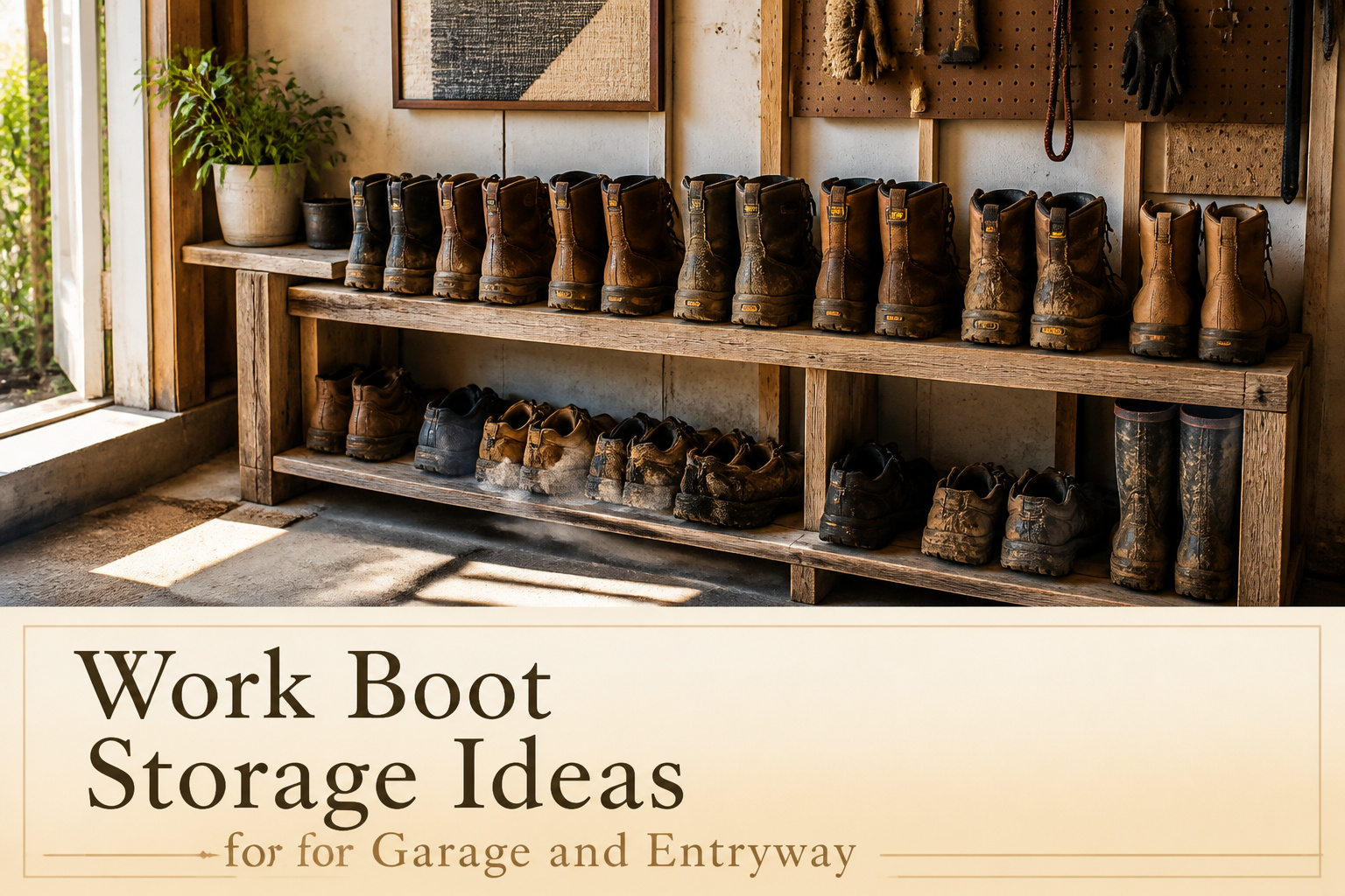 Different work boot storage ideas including shelves, racks, and trays.